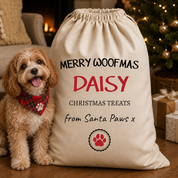 Personalisierter Weihnachtssack mit Namen „Merry Woofmas“ – Weihnachtsmannsack