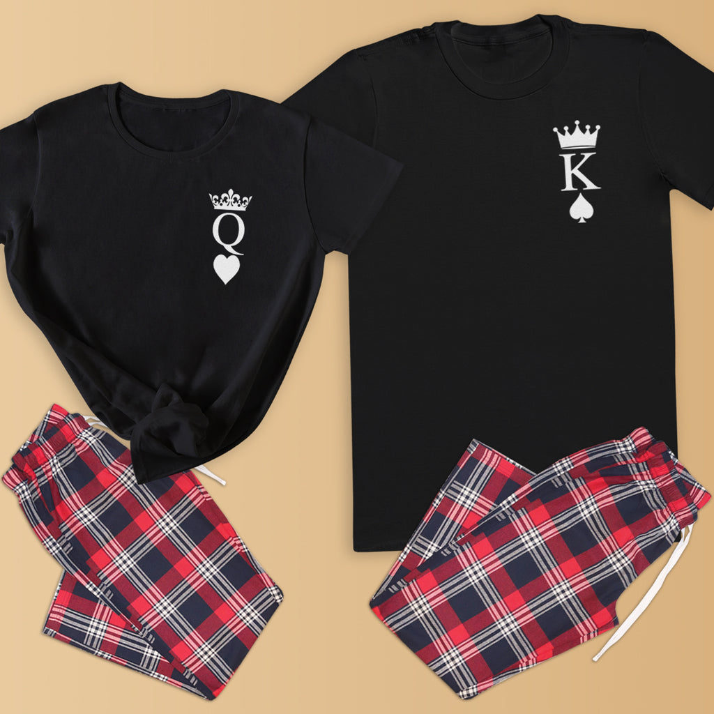 King & Queen Breast Logo - Couples Matching Pyjamas - Top & Tartan PJ Bottoms - (Sold Separately)