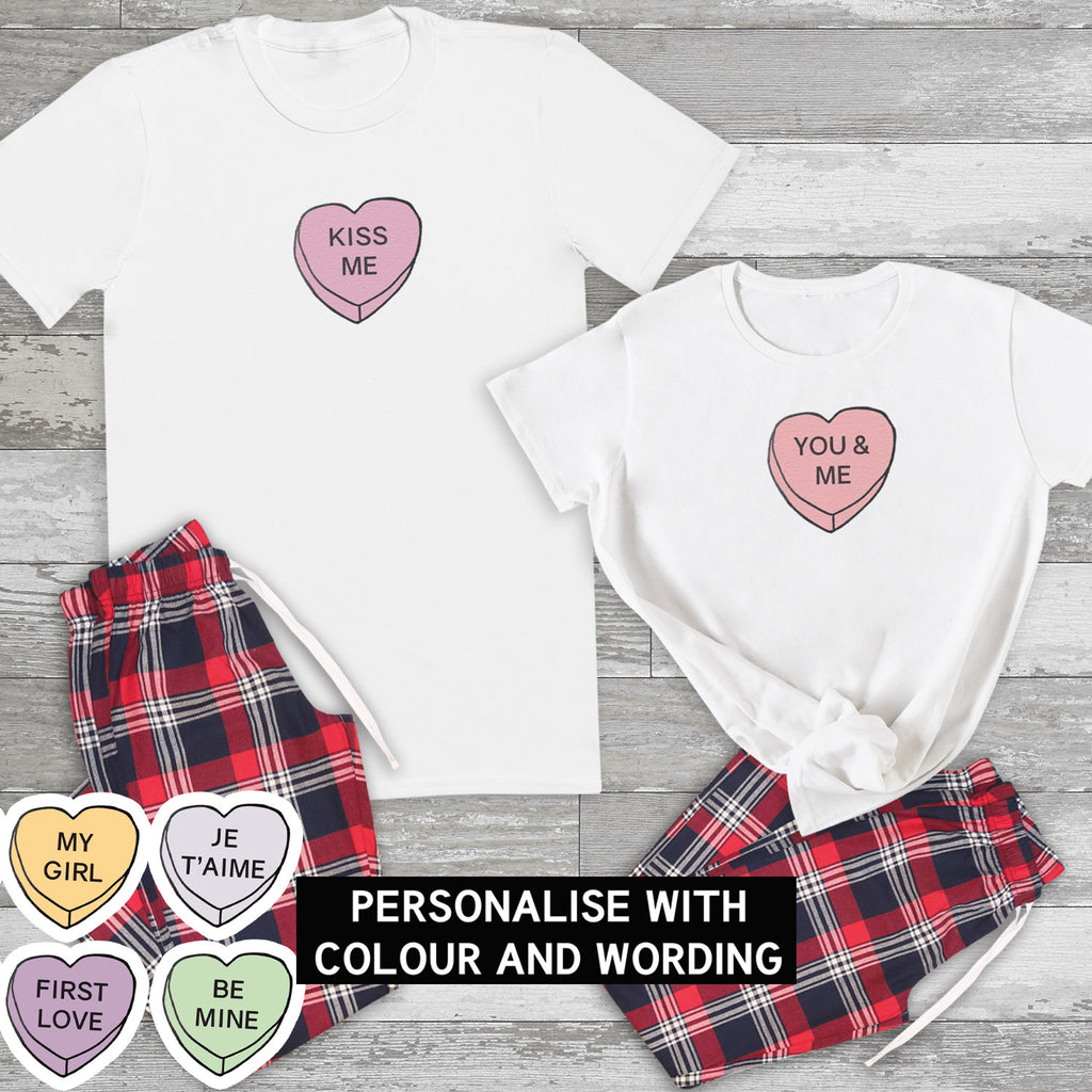 PERSONALISED Heart Sweet Text  - Couples Matching Pyjamas - Top & Tartan PJ Bottoms - (Sold Separately)