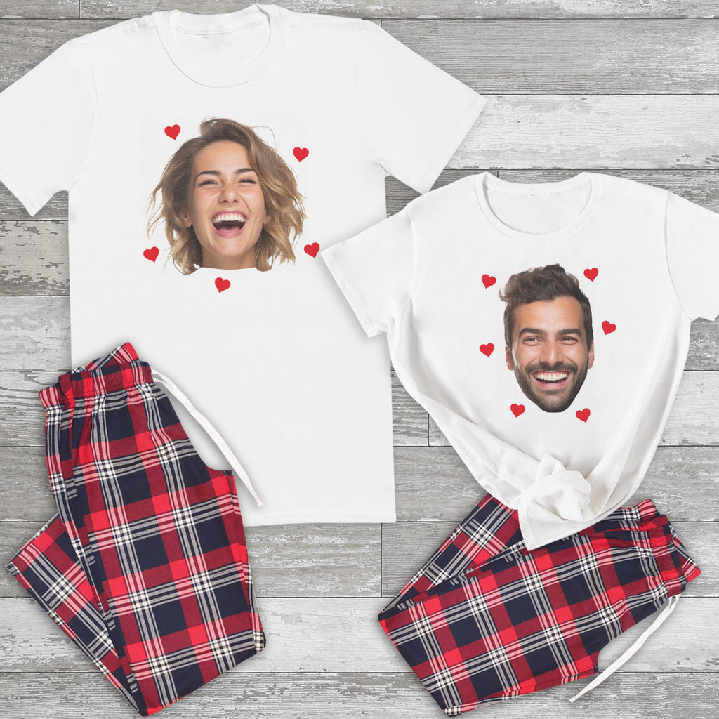 PERSONALISED Photo Face & Hearts - Couples Matching Pyjamas - Top & Tartan PJ Bottoms - (Sold Separately)