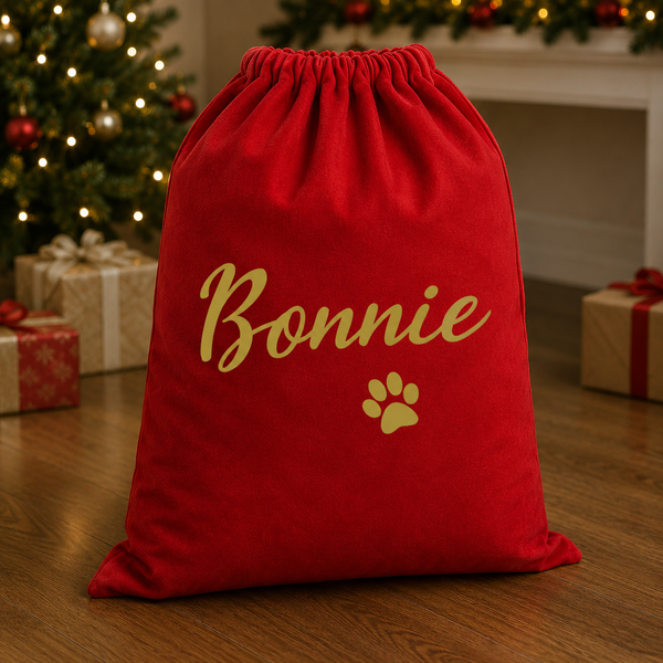 Personalisierter Name & Pfote in Gold - Weihnachtsmannsack