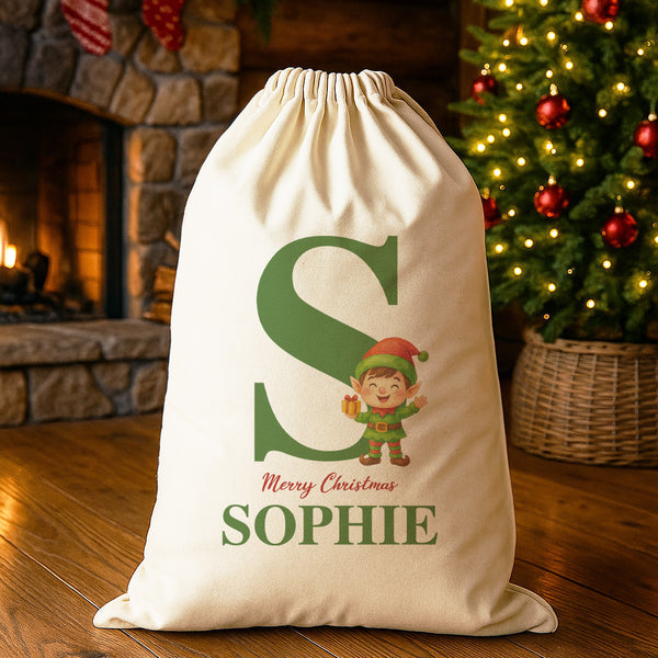 Personalised Christmas Elf Initial and Name - Christmas Santa Sack