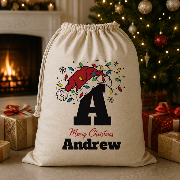 Personalised Merry Christmas Initial Hat Lights & Name - Christmas Santa Sack