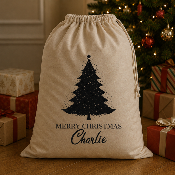 Personalisierter Name Frohe Weihnachten & Baum - Weihnachtsmannsack