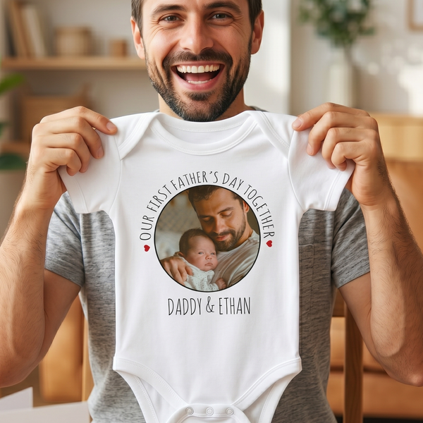 PERSONALISED Our First Father's Day Together, Circular Photo & Text - Baby Bodysuit