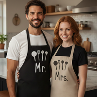 Mr & Mrs Kitchen Chefs- Printed Aprons Set x2 - One Size