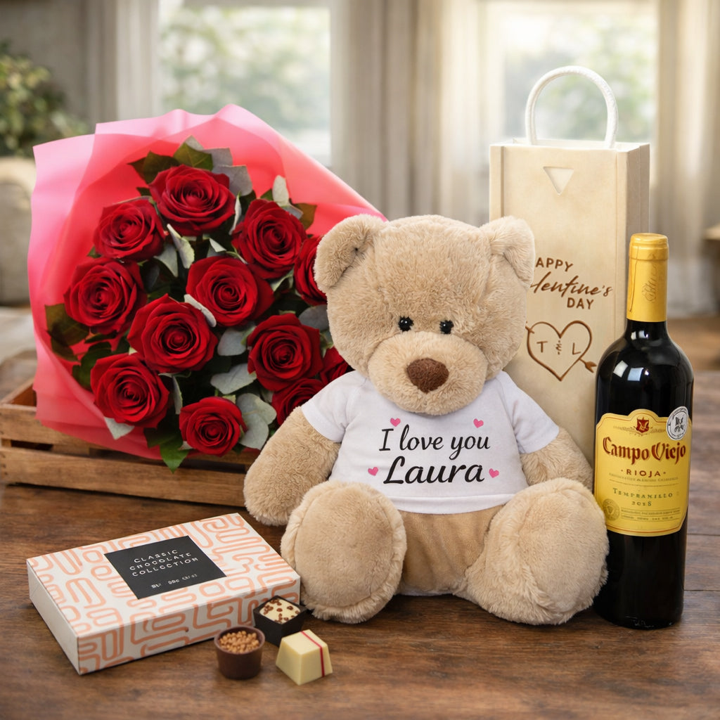 Valentine's Day Hamper with Personalised 'I Love' Teddy with choice of drink
