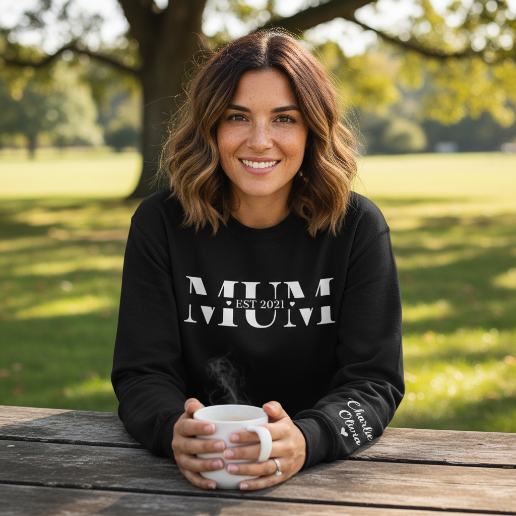 Personalisierter Aufdruck „Mum Est &amp; Sleeve Name“ – Alle Stile – Pullover &amp; Hoodie