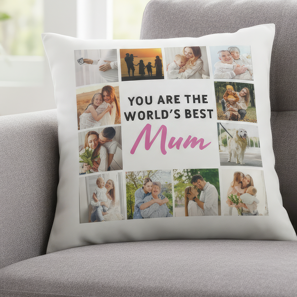 Personalised Cushion with 12 Photos and Choice of Name - Printed Cushion Cover - One Size