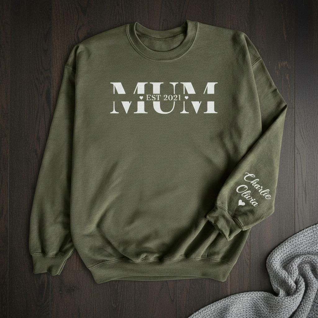 Personalisierter Aufdruck „Mum Est &amp; Sleeve Name“ – Alle Stile – Pullover &amp; Hoodie