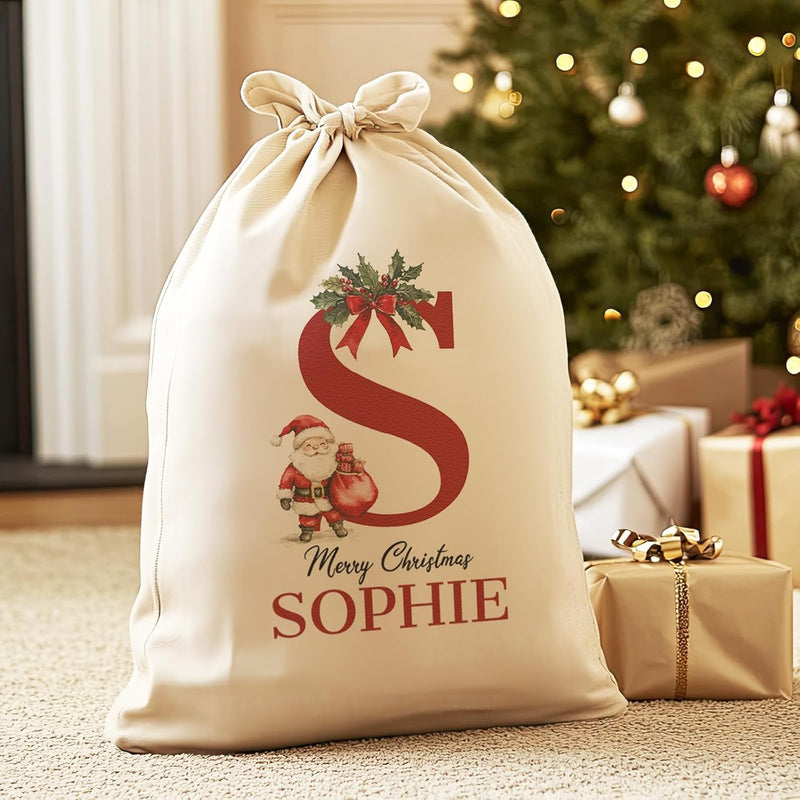 Personalised Merry Christmas Initial and Name - Christmas Santa Sack