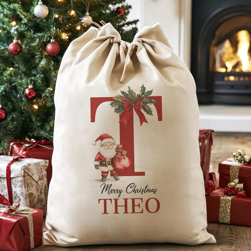 Personalised Merry Christmas Initial and Name - Christmas Santa Sack
