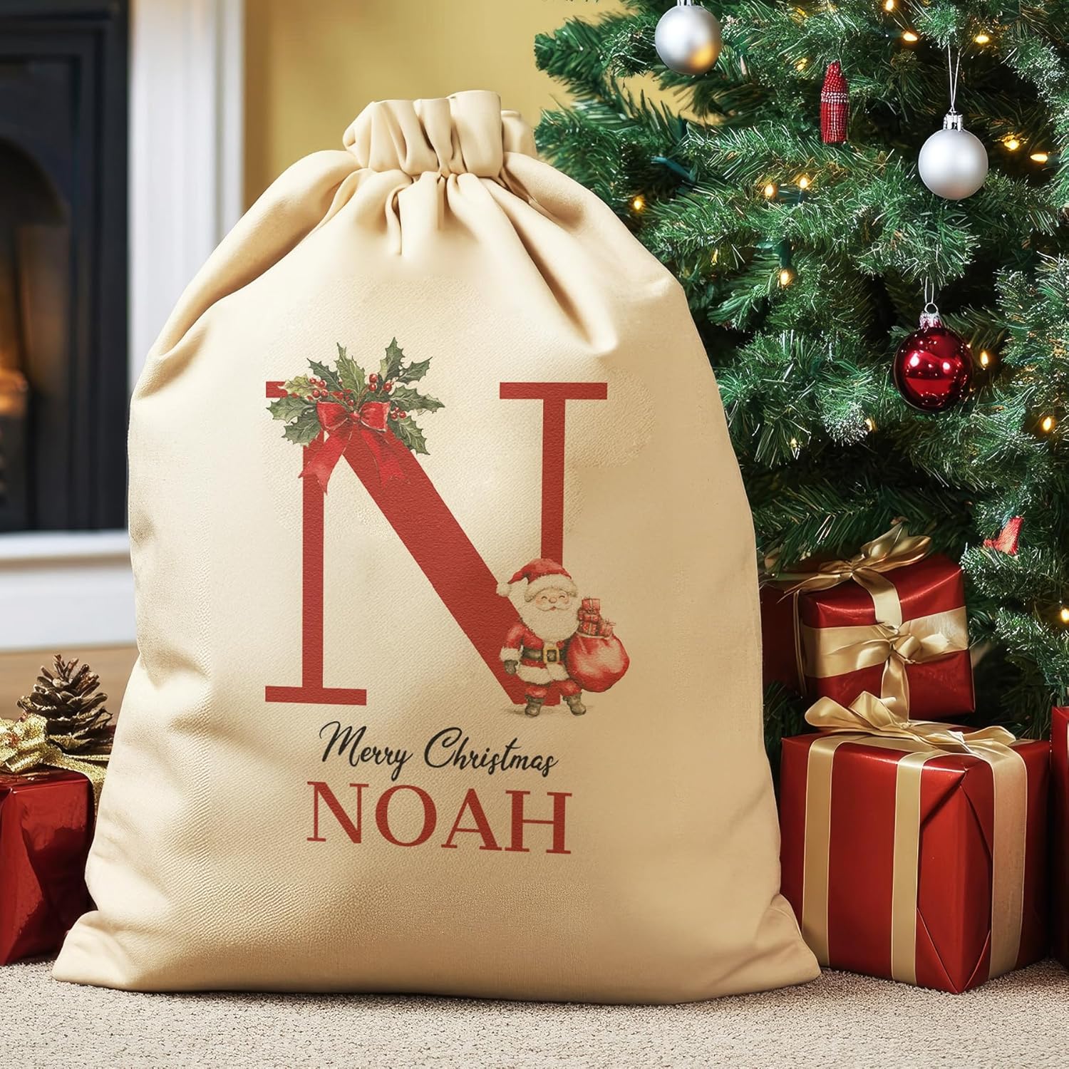 Personalised Merry Christmas Initial and Name - Christmas Santa Sack