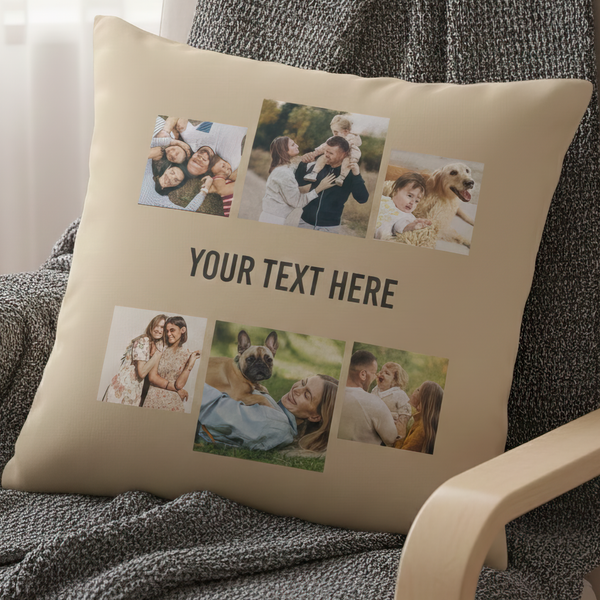 Personalised 6 Photos & Text - Printed Cushion Cover - One Size