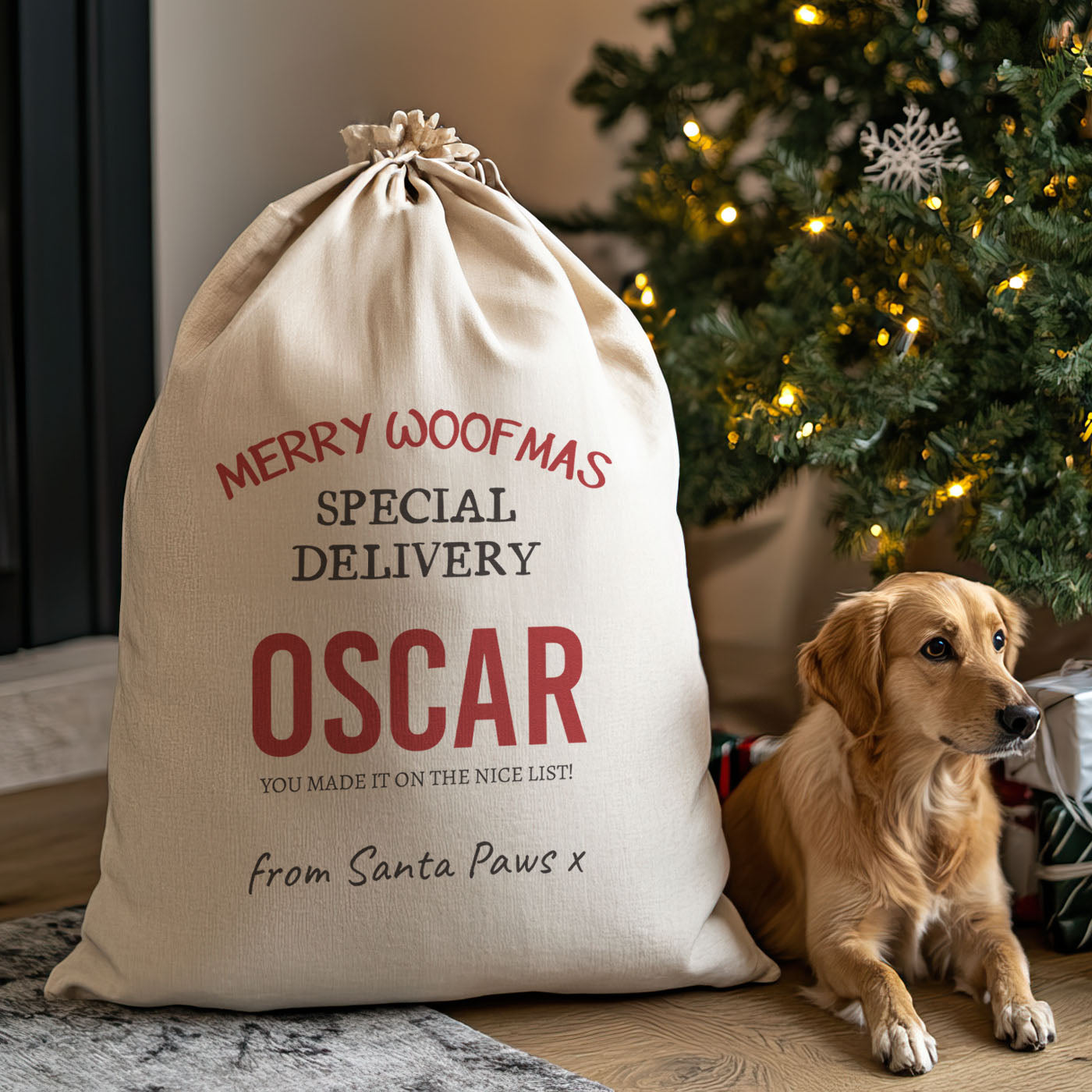 Personalised Name Merry Woofmas Nice List Santa Sack - Christmas Santa Sack