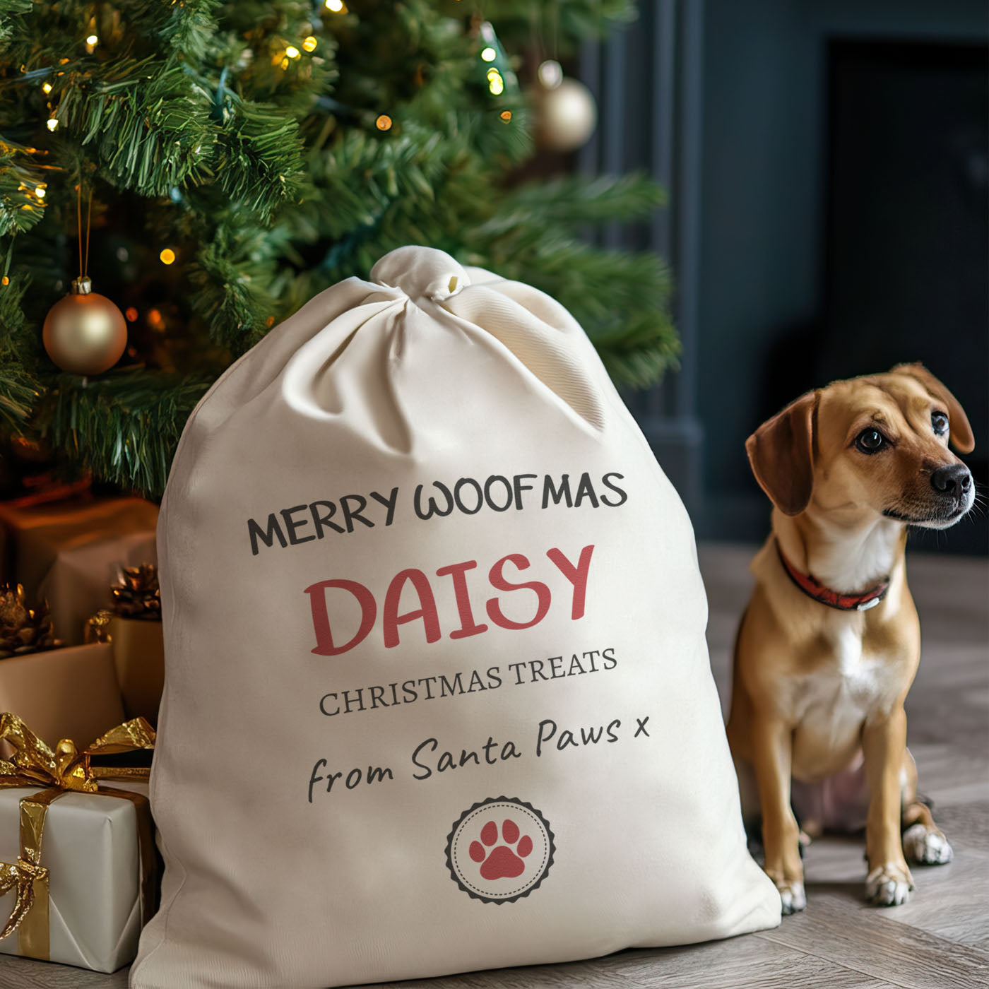 PERSONALISED Name Merry Woofmas Christmas Treats Santa Sack - Christmas Santa Sack