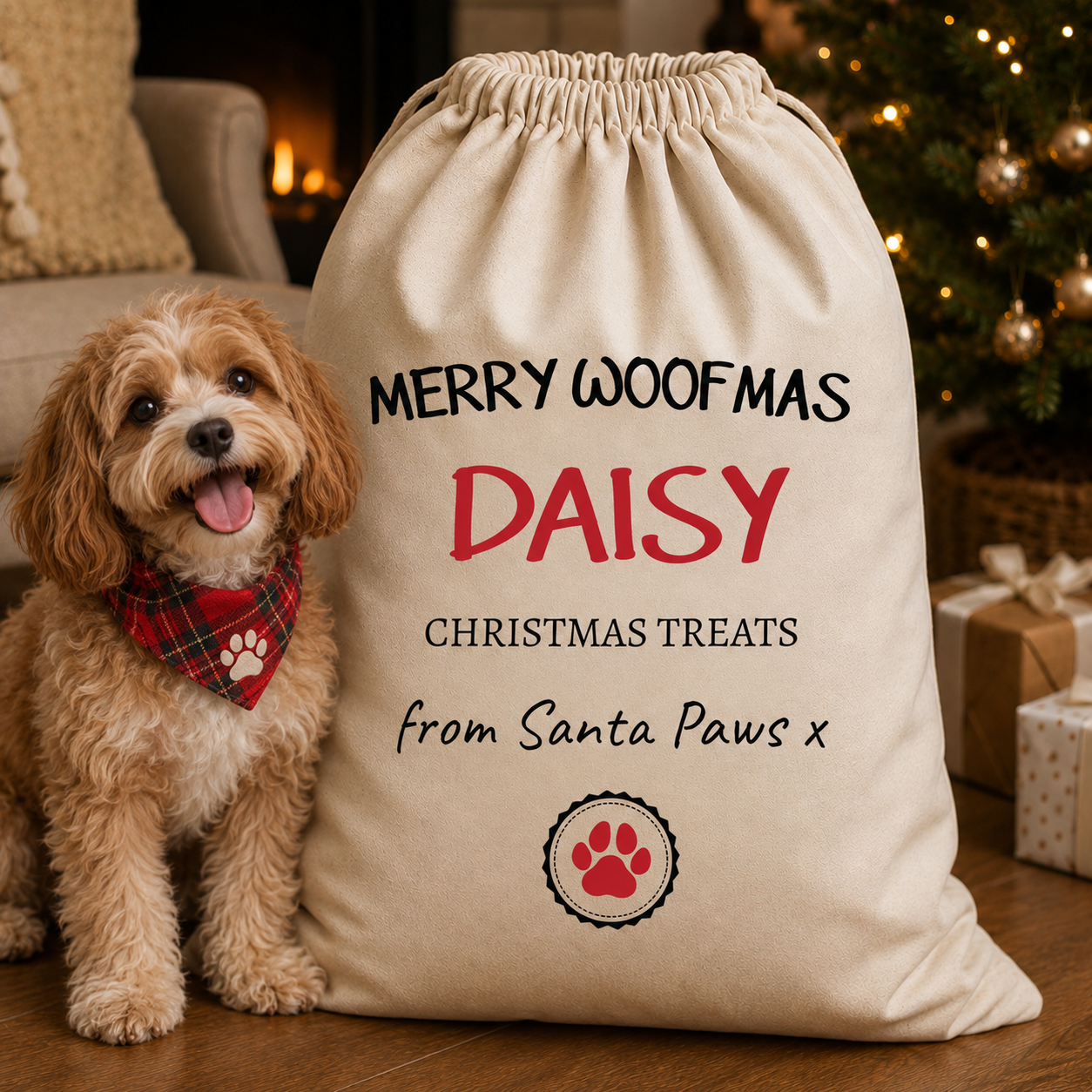 PERSONALISED Name Merry Woofmas Christmas Treats Santa Sack - Christmas Santa Sack