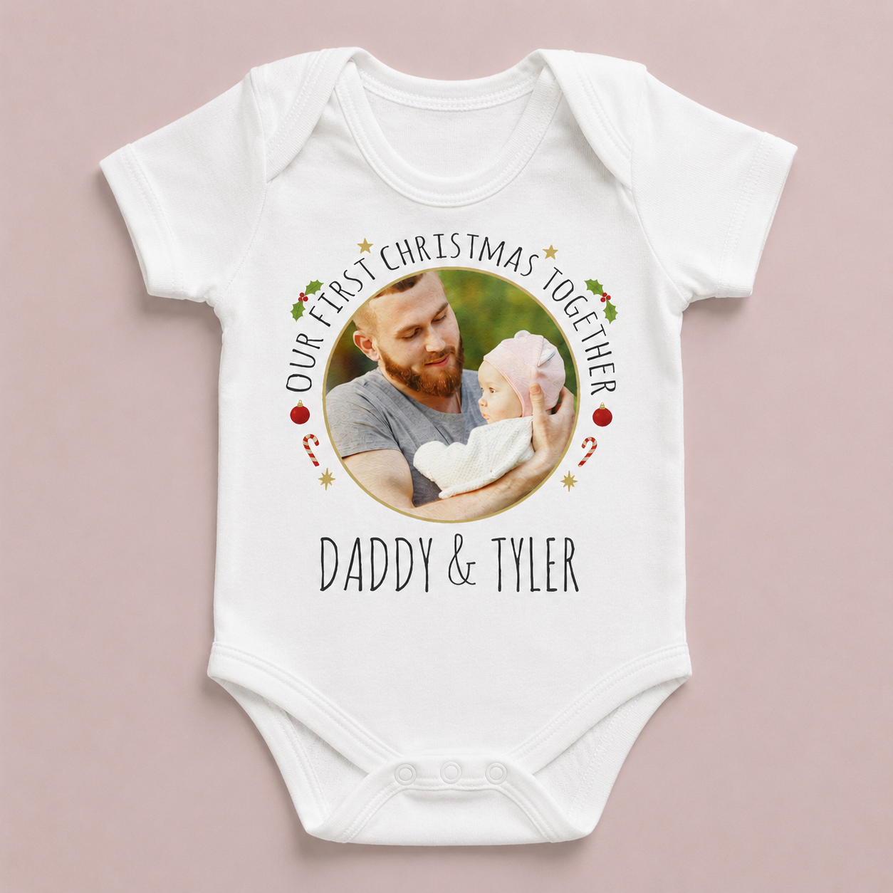 PERSONALISED Our First Christmas Together, Circular Photo & Text - Baby Bodysuit