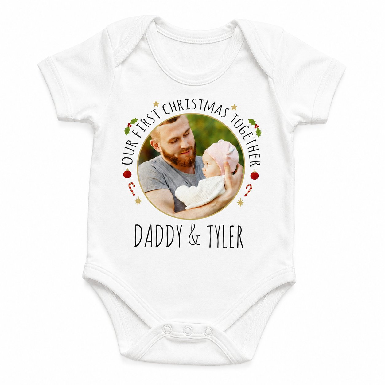 PERSONALISED Our First Christmas Together, Circular Photo & Text - Baby Bodysuit