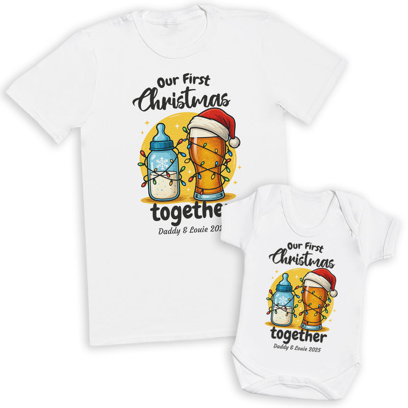 PERSONALISED Our First Christmas Together Milk Bottle & Pint Glass - Baby Gift Set - (Sold Separately)