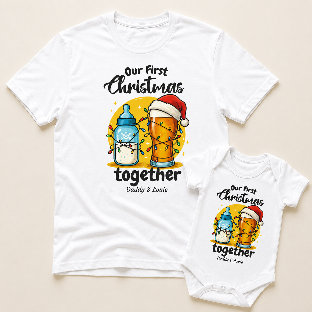 PERSONALISED Our First Christmas Together Milk Bottle & Pint Glass - Baby Gift Set - (Sold Separately)