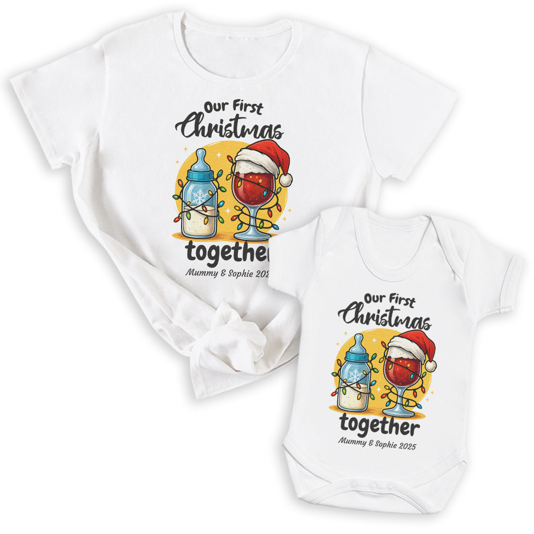 PERSONALISED Our First Christmas Together Milk Bottle & Wine Glass - Baby Gift Set - (Sold Separately)