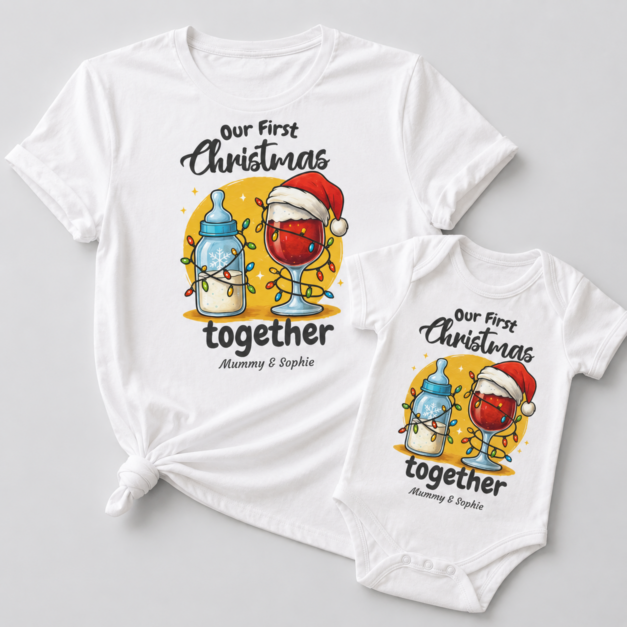 PERSONALISED Our First Christmas Together Milk Bottle & Wine Glass - Baby Gift Set - (Sold Separately)