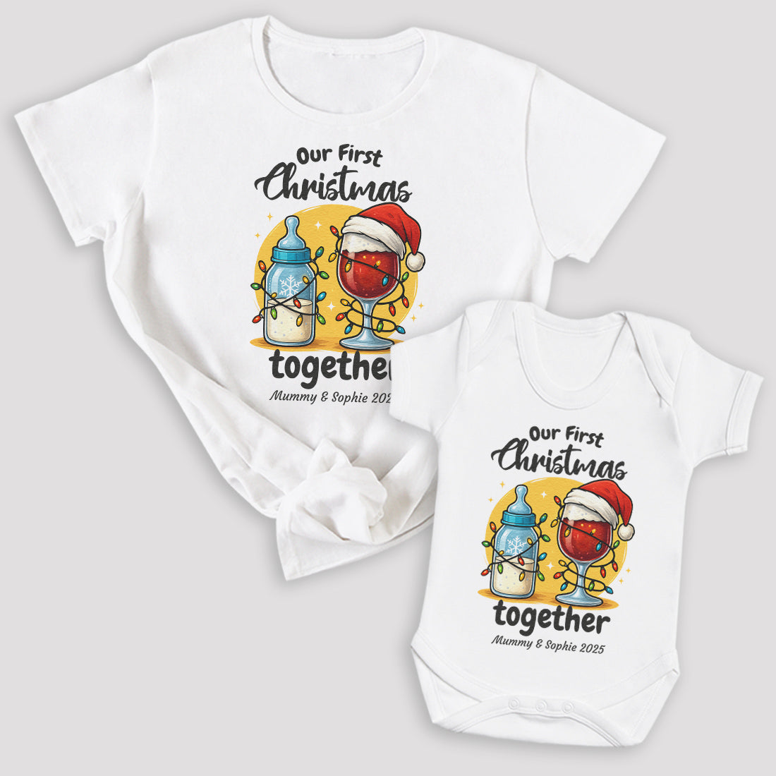PERSONALISED Our First Christmas Together Milk Bottle & Wine Glass - Baby Gift Set - (Sold Separately)
