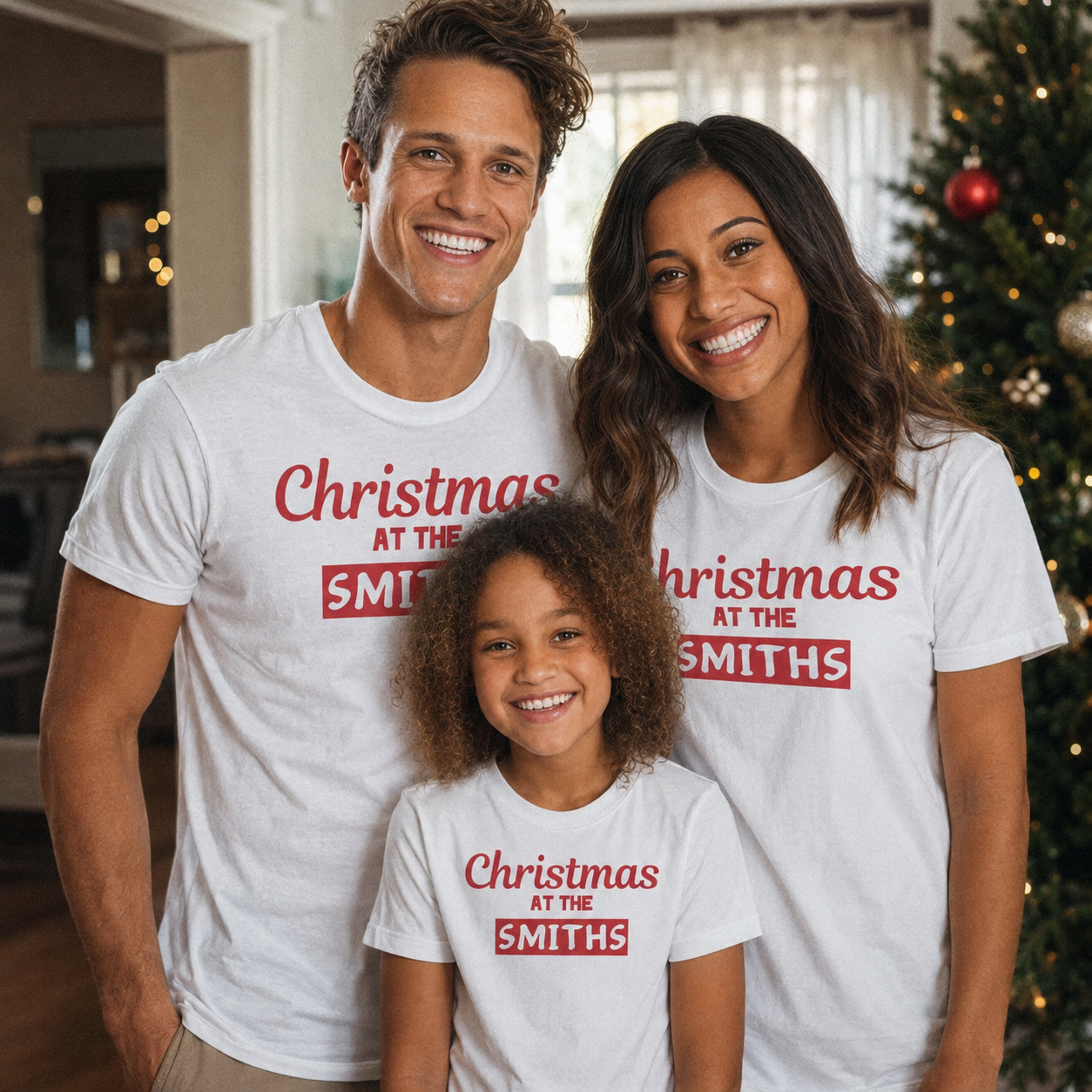 Personalised Christmas At The 'Custom Name' - Family Matching Christmas Tops - White T-Shirts - (Sold Separately)