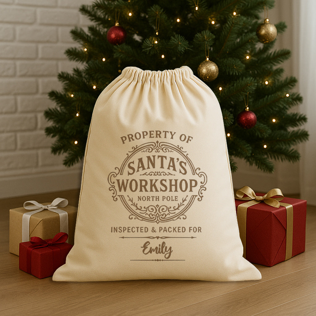 PERSONALISED Property Of Santas Workshop - Christmas Santa Sack