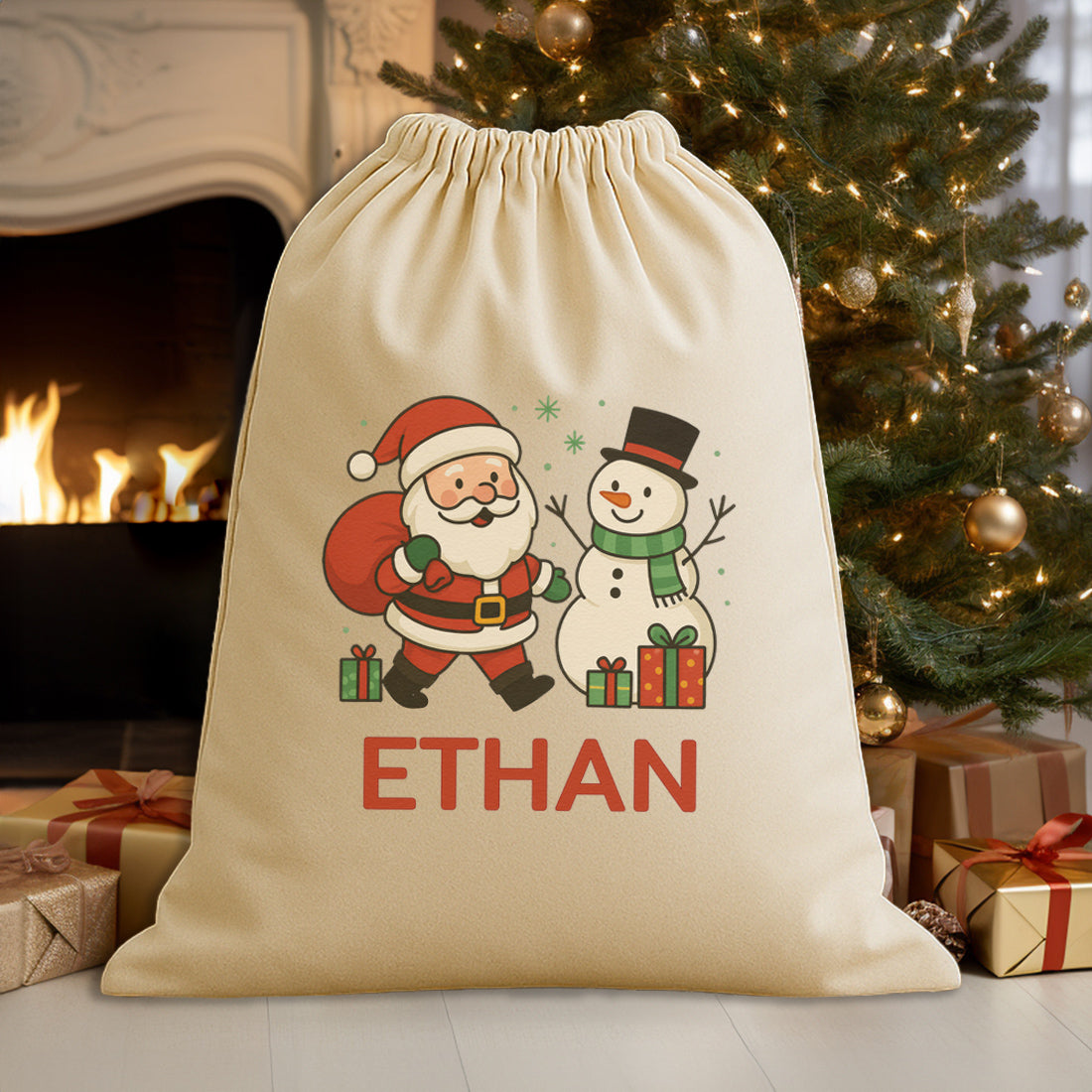 PERSONALISED Name Santa & Snowman - Christmas Santa Sack
