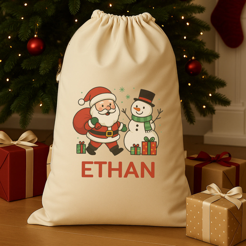 PERSONALISED Name Santa & Snowman - Christmas Santa Sack