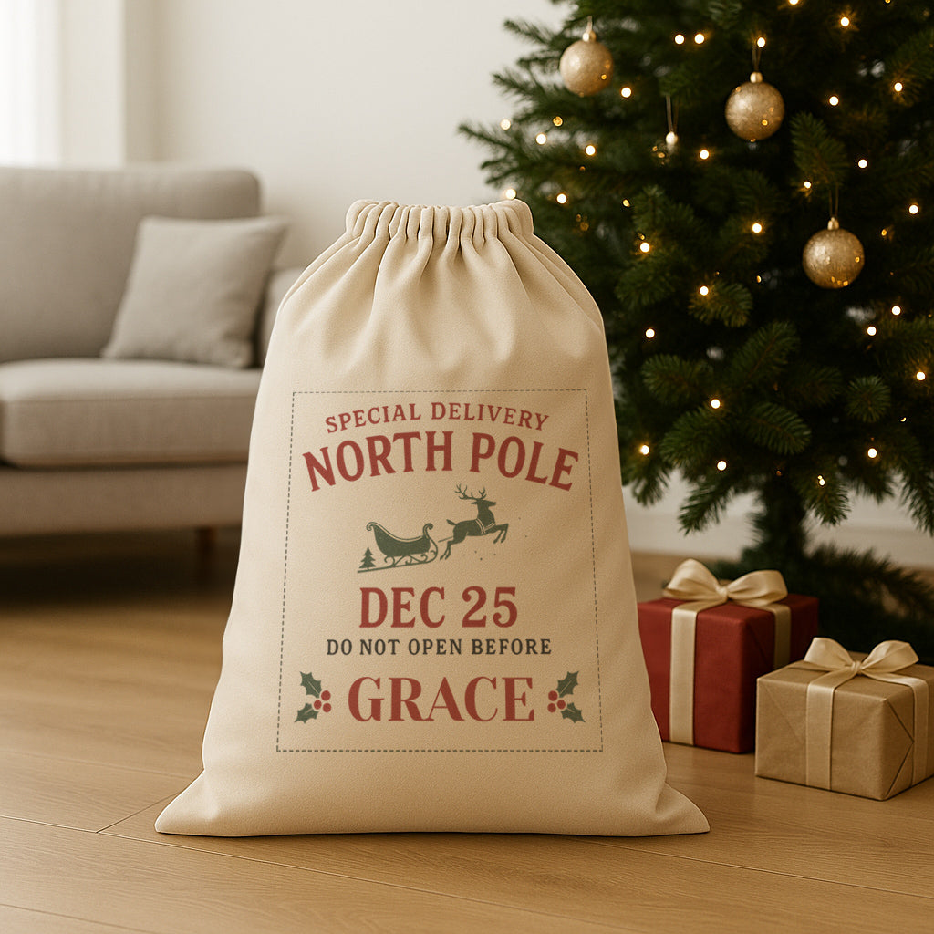 PERSONALISED Special Delivery North Pole Dec 25 - Christmas Santa Sack