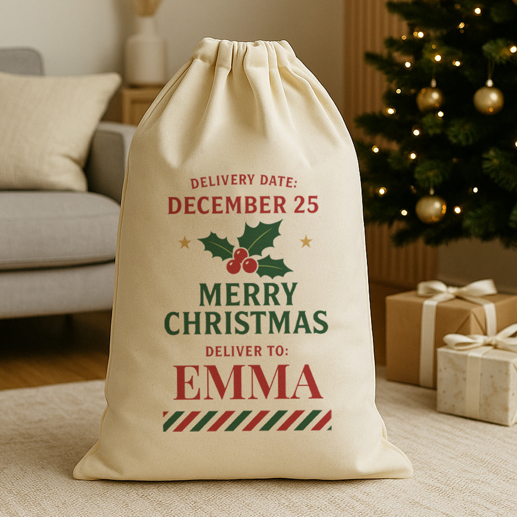 PERSONALISED Merry Christmas Deliver To - Christmas Santa Sack