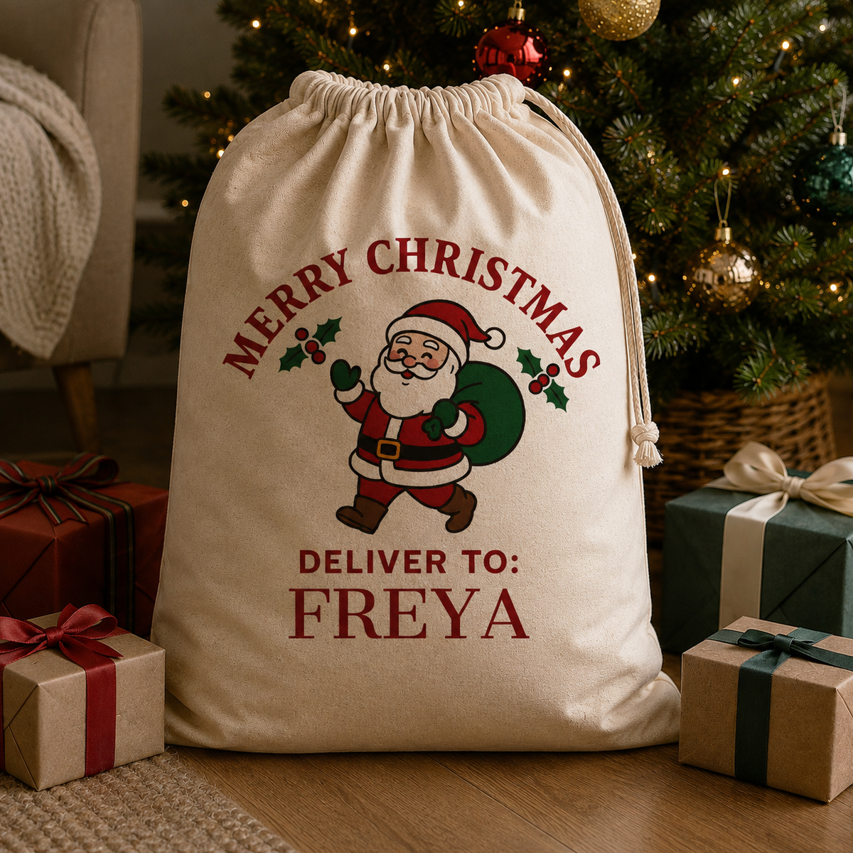 PERSONALISED Merry Christmas Deliver To - Christmas Santa Sack
