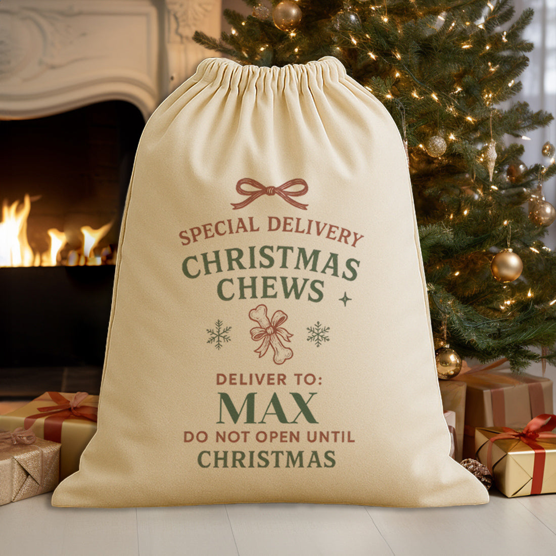 PERSONALISED Christmas Chews Deliver To - Christmas Dog Santa Sack