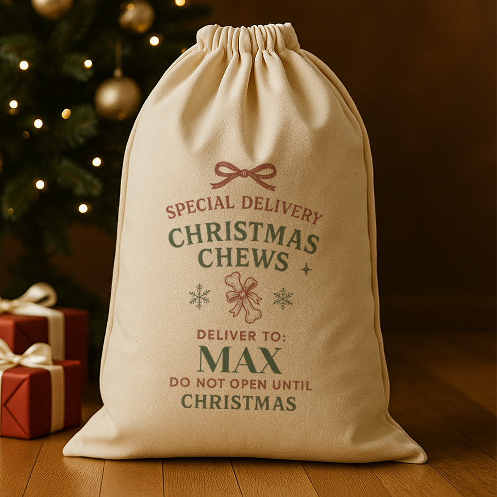 PERSONALISED Christmas Chews Deliver To - Christmas Dog Santa Sack
