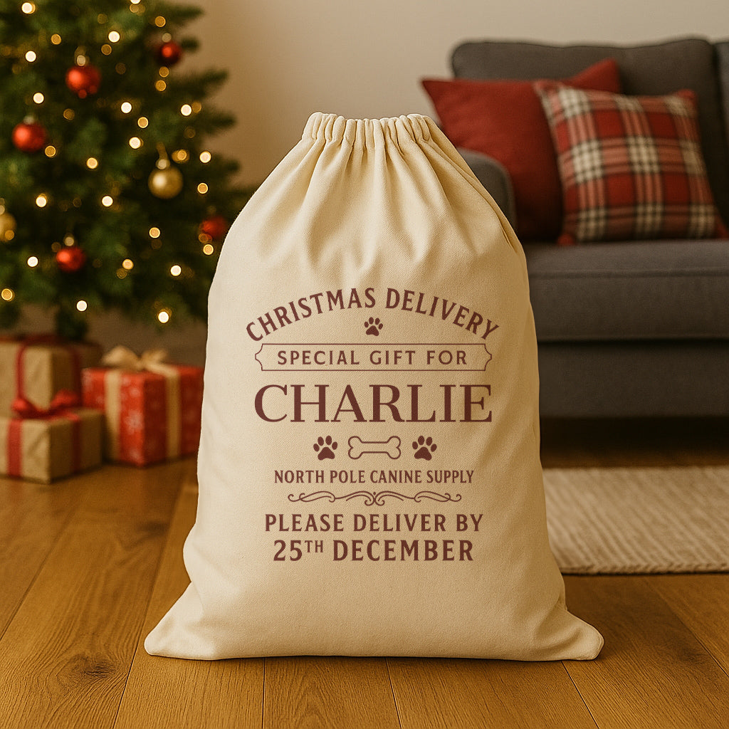 PERSONALISED Special Gift for North Pole Canine Supply - Christmas Dog Santa Sack