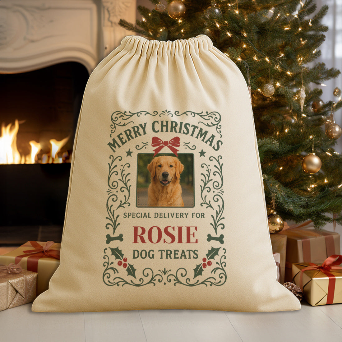 PERSONALISED Photo & Name Dog Treats - Christmas Dog Santa Sack