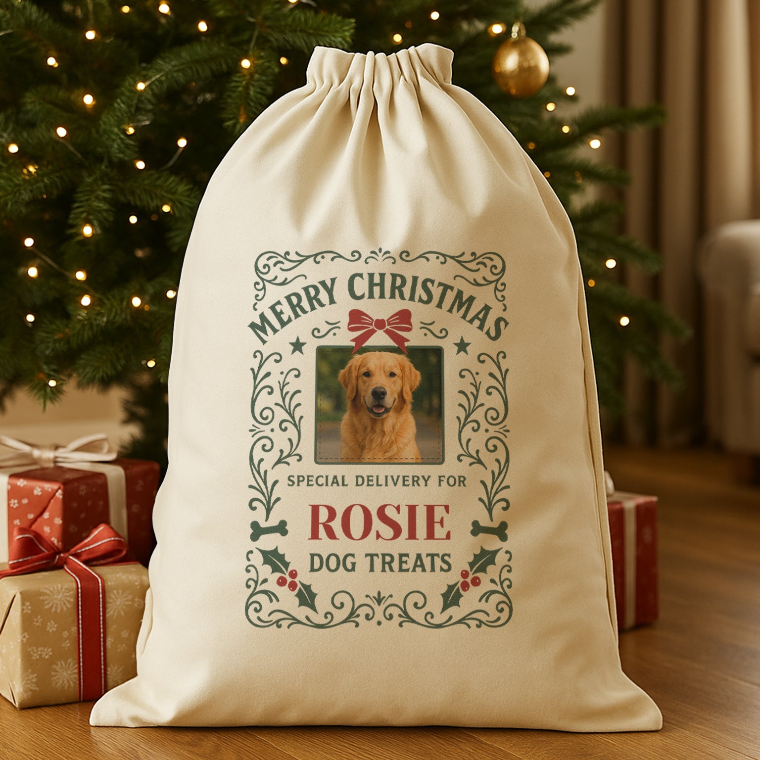 PERSONALISED Photo & Name Dog Treats - Christmas Dog Santa Sack