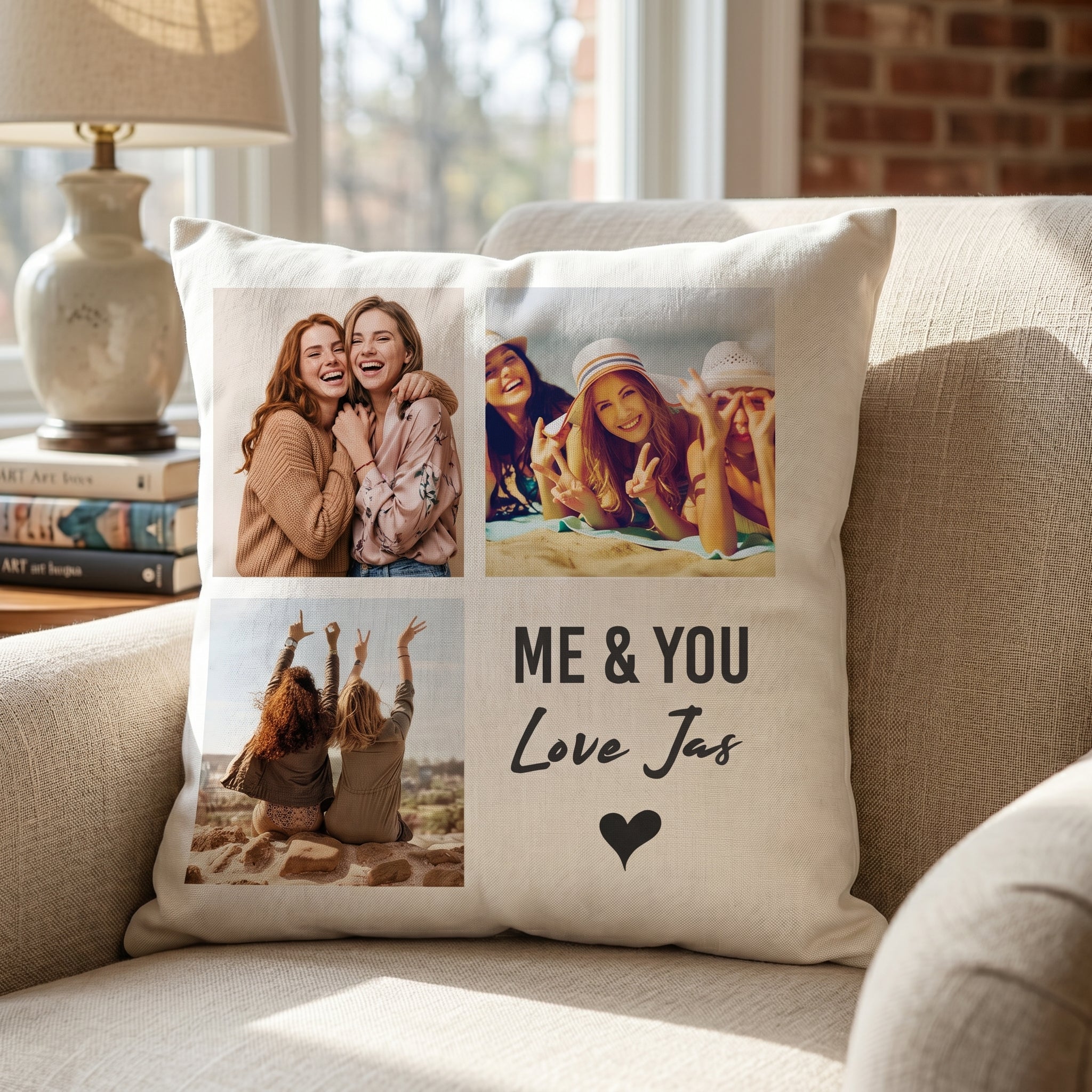 Personalised 3 Photo Upload & Love You Text - Printed Cushion Cover - One Size