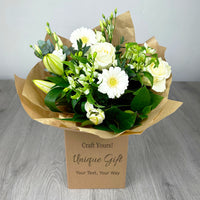 PERSONALISED Classic Whites Hand Tied Box Bouquet - Create Your Own Text Design