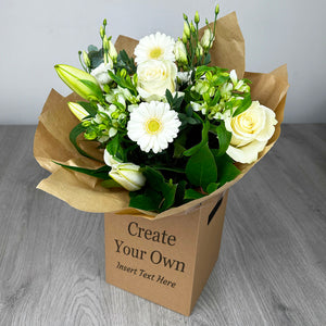 PERSONALISED Classic Whites Hand Tied Box Bouquet - Create Your Own Text Design