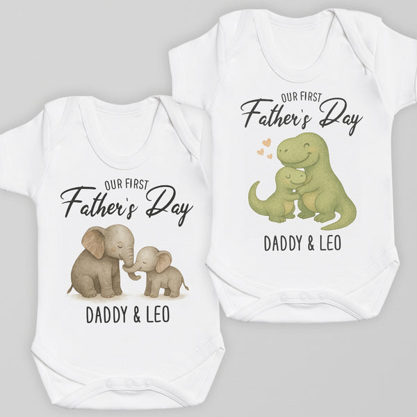 PERSONALISED Our First Father's Day - Choice of 12 Animal Designs - Baby Bodysuit