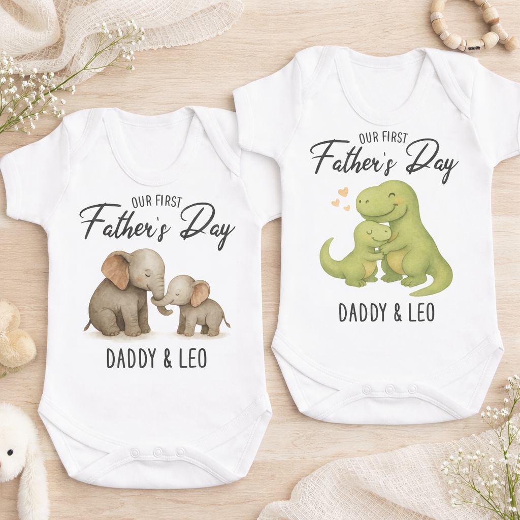 PERSONALISED Our First Father's Day - Choice of 12 Animal Designs - Baby Bodysuit