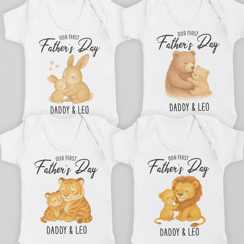 PERSONALISED Our First Father's Day - Choice of 12 Animal Designs - Baby Bodysuit