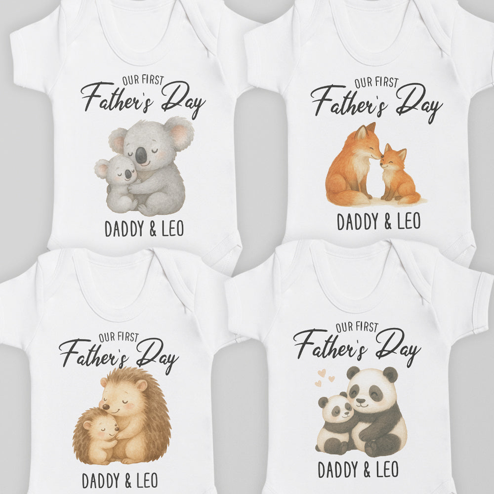 PERSONALISED Our First Father's Day - Choice of 12 Animal Designs - Baby Bodysuit