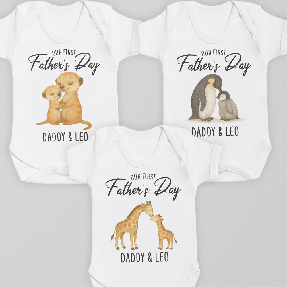 PERSONALISED Our First Father's Day - Choice of 12 Animal Designs - Baby Bodysuit