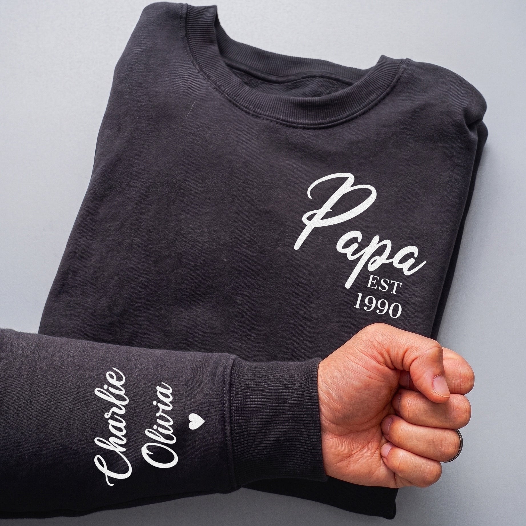PERSONALISED Dad, Papa or Daddy Breast Pocket Design Est & Sleeve Name Print - Dad Sweater & Hoodie