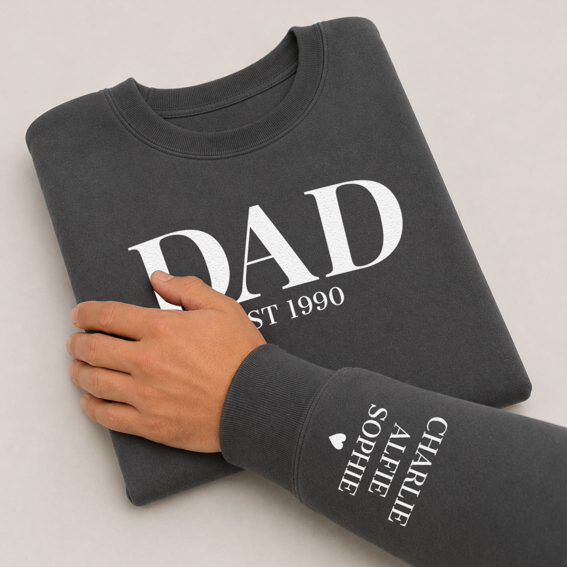 PERSONALISED Dad, Papa or Daddy Design Est & Sleeve Name Print - Dad Sweater & Hoodie